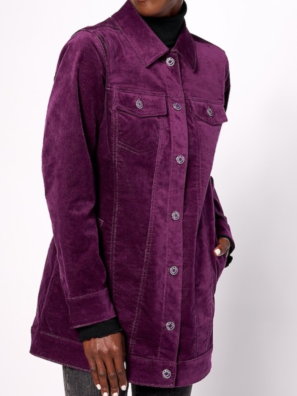Denim & Co. Womens XL Button Front Long Jacket Deep Wine Purple Stretch Velvet
